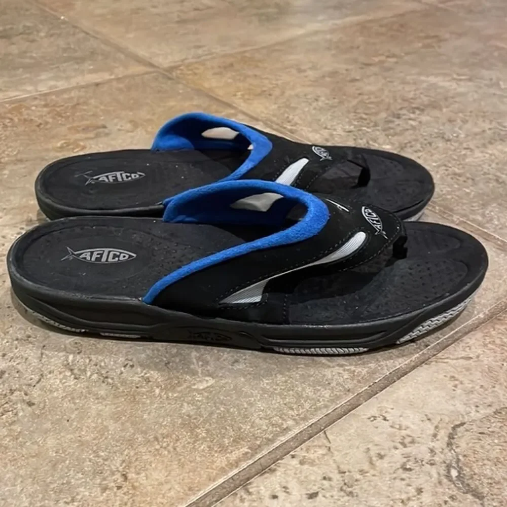 AFTCO Black & Blue Thong Angler Sandals Mens Size 7 Summer Travel Beach